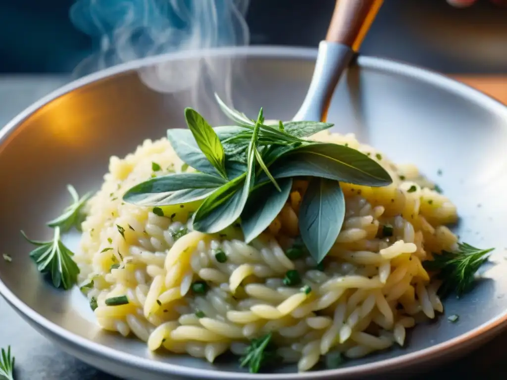 Un mano esparciendo una mezcla de hierbas y especias francesas sobre risotto italiano, creando una escena culinaria colorida y aromática