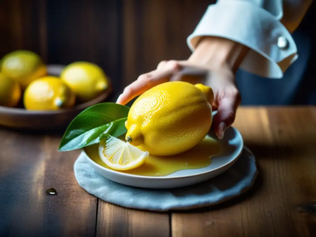 Mano sosteniendo limón sobre plato francés, destacando exprimidor de cítricos para cocina francesa en mesa de madera