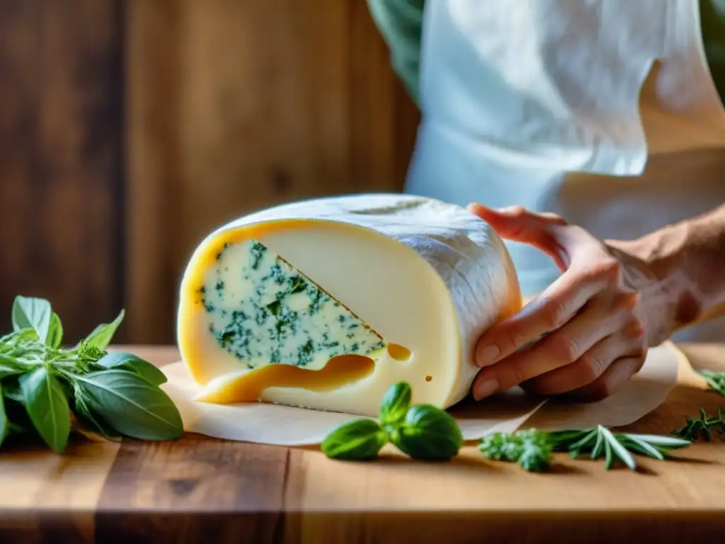 Mano envolviendo queso francés en papel tradicional, técnicas de conservación gastronomía francesa