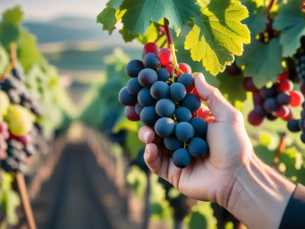 Mano de sommelier sostiene racimo de uvas rojas en viñedo francés