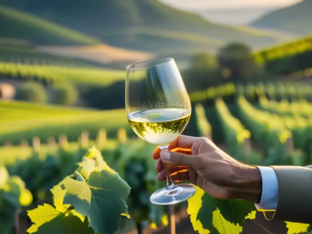 Mano de sommelier sostiene copa con vino blanco francés emocional en viñedos al atardecer