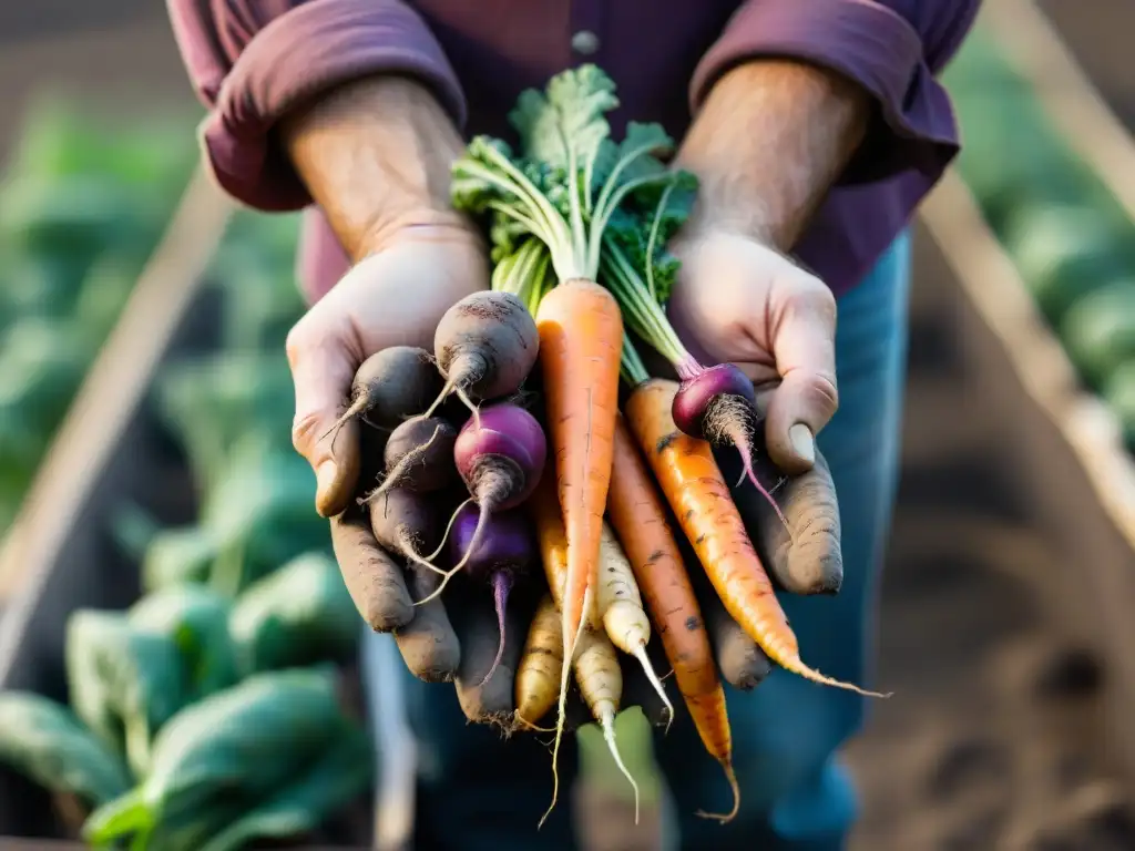 Manos del agricultor con vegetales de la tierra: zanahorias, papas y remolachas