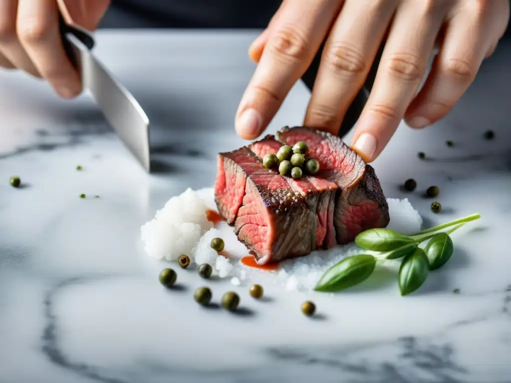 Manos de chef sazonando carne cruda para preparar steak tartare en casa, sobre tabla de mármol blanco