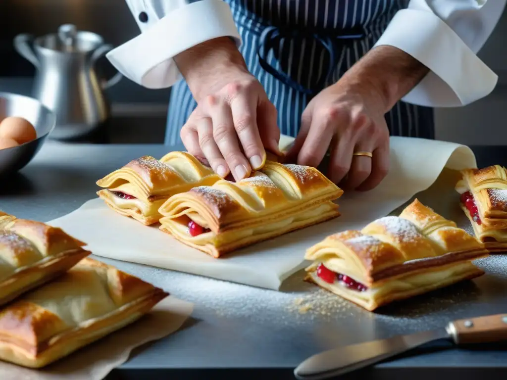 Manos de chef experto creando un millefeuille francés en talleres online cocina francesa gourmet