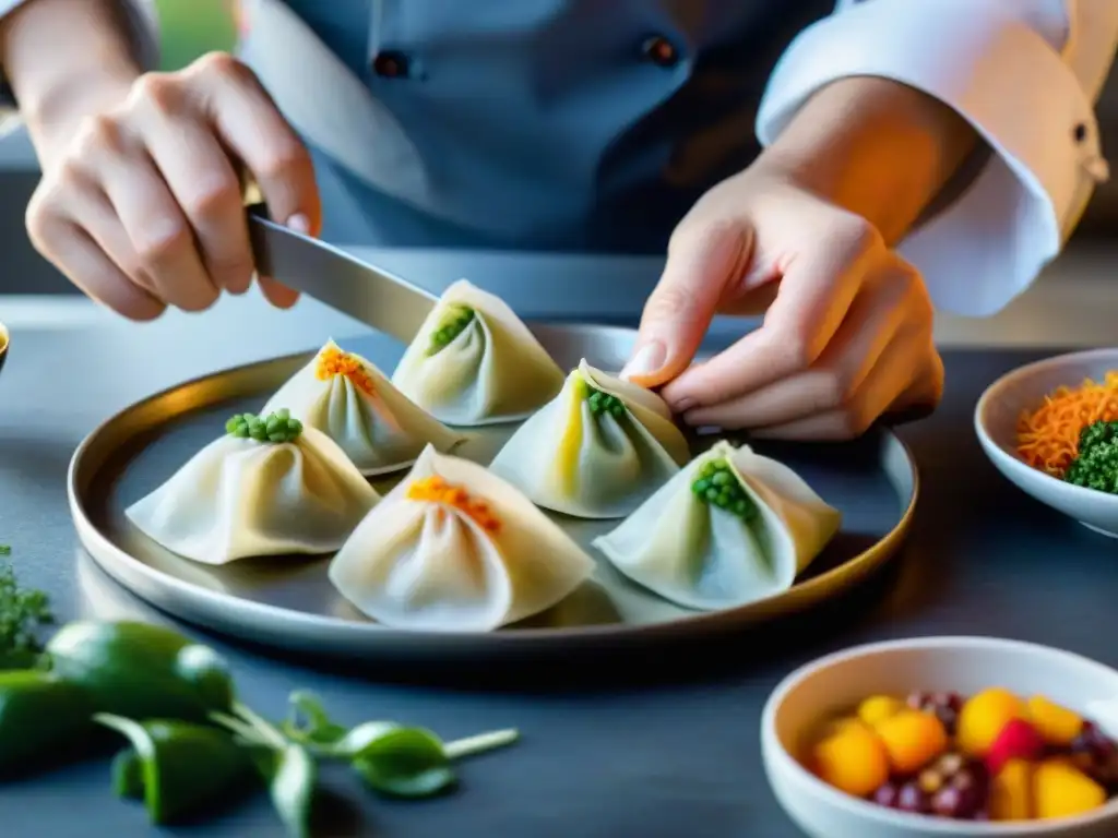 Manos de chef experto fusionando sabores internacionales en envolturas de dumplings