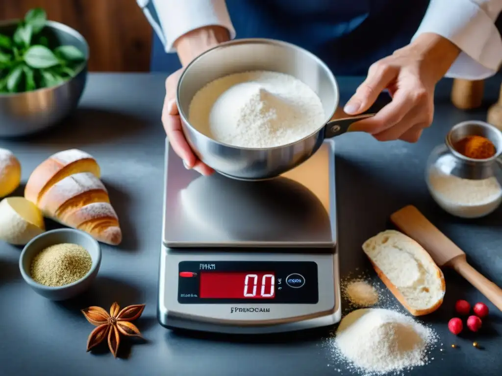 Manos de chef midiendo precisamente la harina en báscula, en cocina francesa con utensilios tradicionales