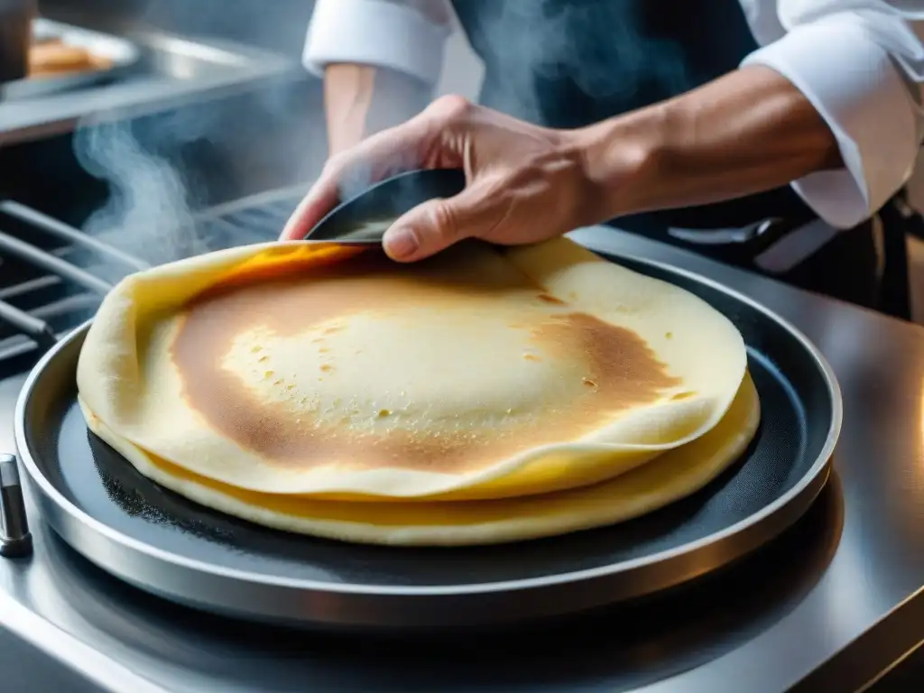 Manos de chef esparciendo masa de crepe en sartén caliente, revelando secretos crepes textura perfecta