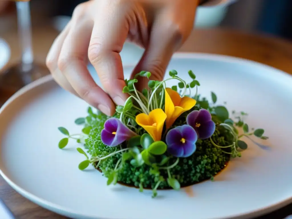 Manos de chef colocando microgreens y flores comestibles en plato, reflejando arte y detalle de menús personalizados con inteligencia artificial en restaurante francés moderno