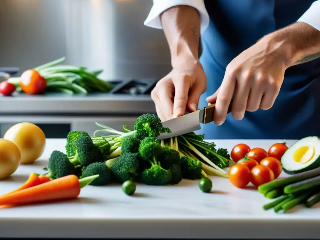 Las manos de un chef cortando vegetales en técnica brunoise, reflejando precisión y maestría en cocina francesa