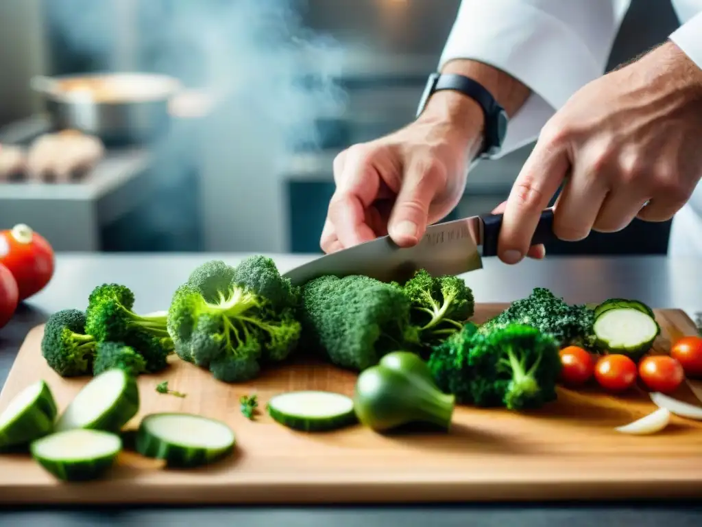 Manos de chef cortando precisamente verduras coloridas con técnica francesa