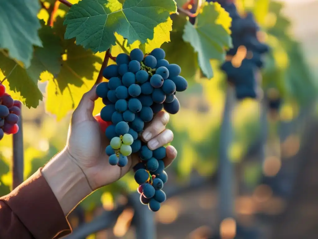 Manos cuidadosas podan vides en viñedo biodinámico al amanecer