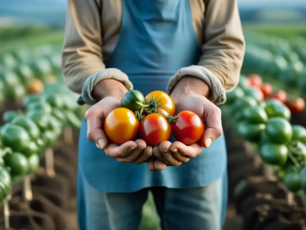 Las manos curtidas de un agricultor francés sostienen tomates recién cosechados, reflejando la sostenibilidad y la conexión con la tierra