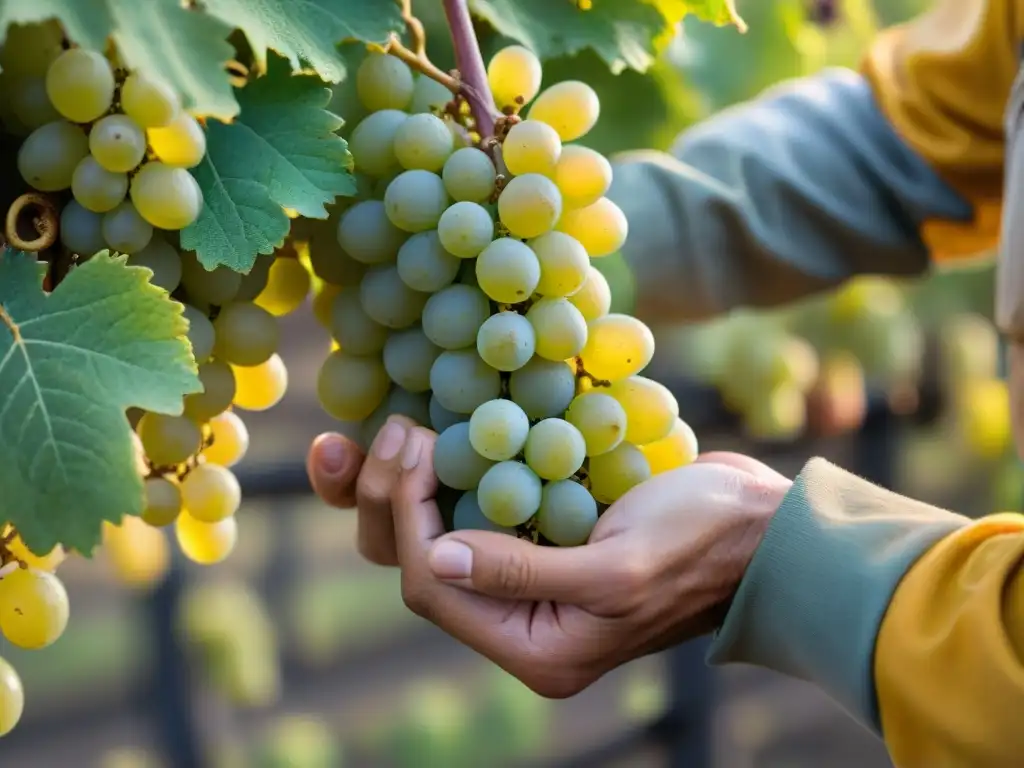 Manos curtidas seleccionando uvas doradas en el viñedo al amanecer, resaltando la cosecha de uvas para vinos blancos dulces franceses