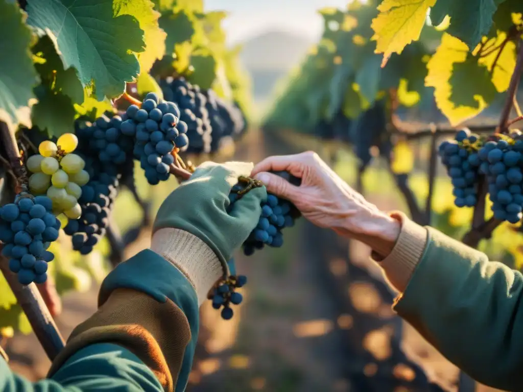 Las manos curtidas de un viticultor francés podando viñas al amanecer, reflejando la tradición en la industria del vino francés