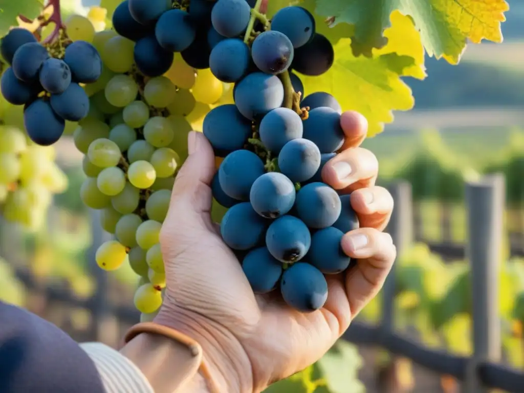 Las manos curtidas de un viticultor sostienen uvas maduras en un viñedo soleado de Francia