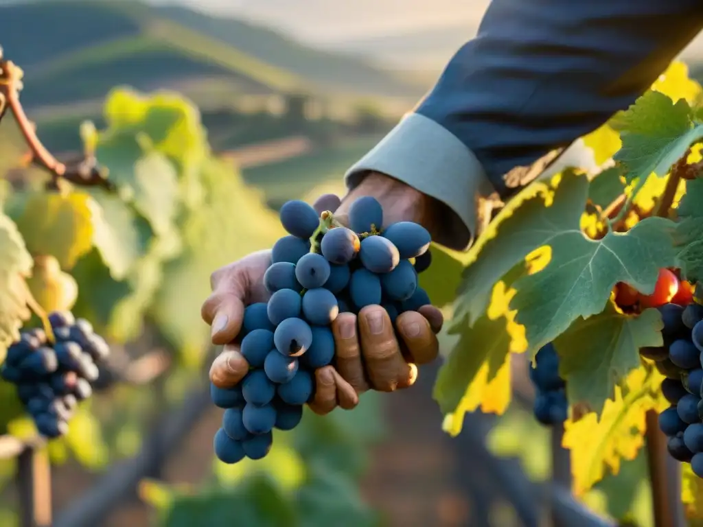 Las manos curtidas de un viticultor sostienen uvas frescas en un viñedo francés al atardecer, mostrando el proceso creación vino tinto francés