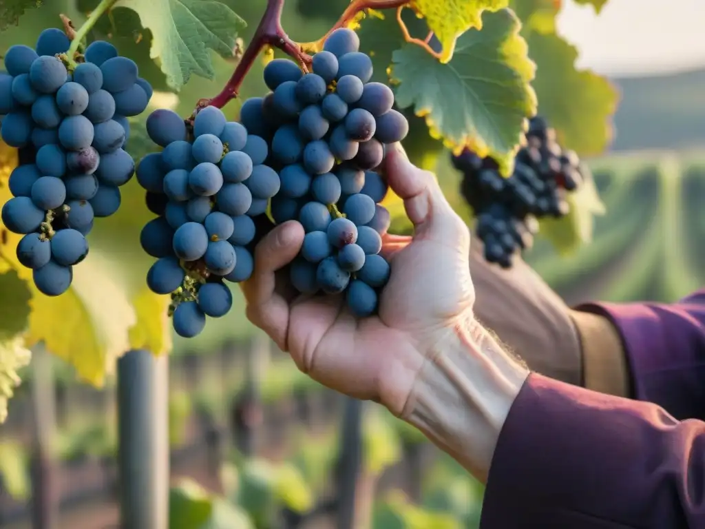 Manos curtidas de un viticultor sostienen uvas púrpuras en Borgoña al atardecer