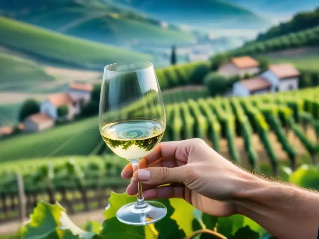 Manos de enólogo sostienen copa de vino blanco aromático de Alsacia, con viñedos verdes y pueblo pintoresco al fondo