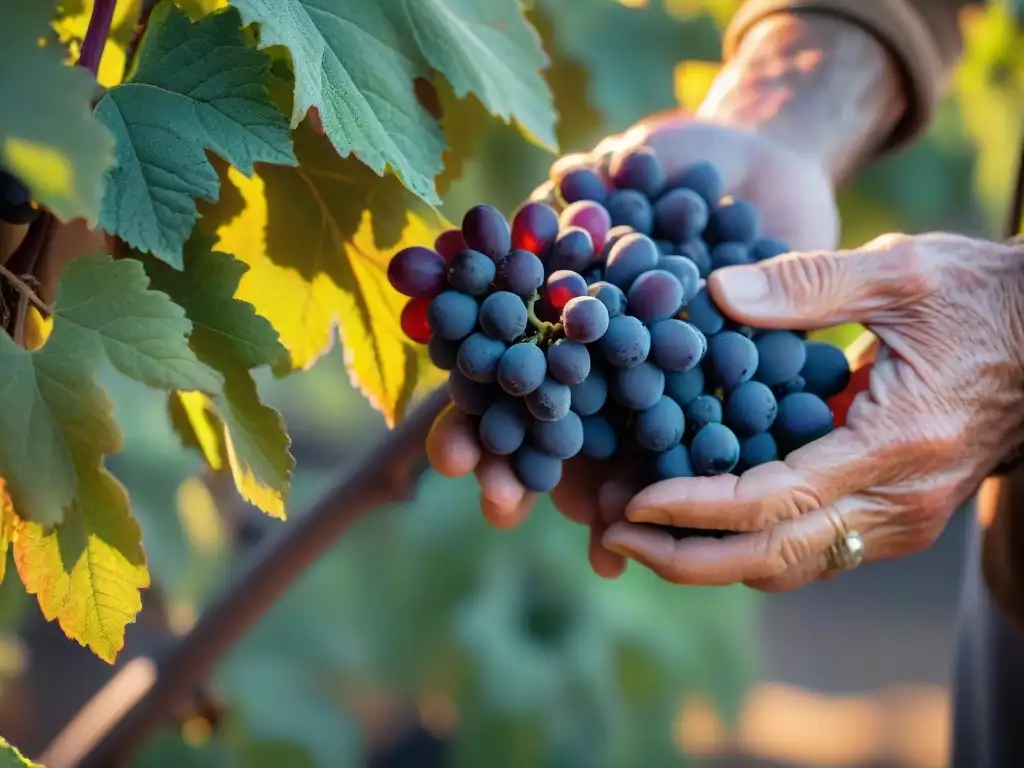 Manos experimentadas de enólogo inspeccionan uvas Pinot Noir en viñedo francés