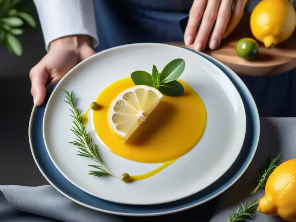 Manos expertas de chef francés zesteando limón sobre filete meunière, resaltando la importancia de las frutas cítricas en cocina francesa