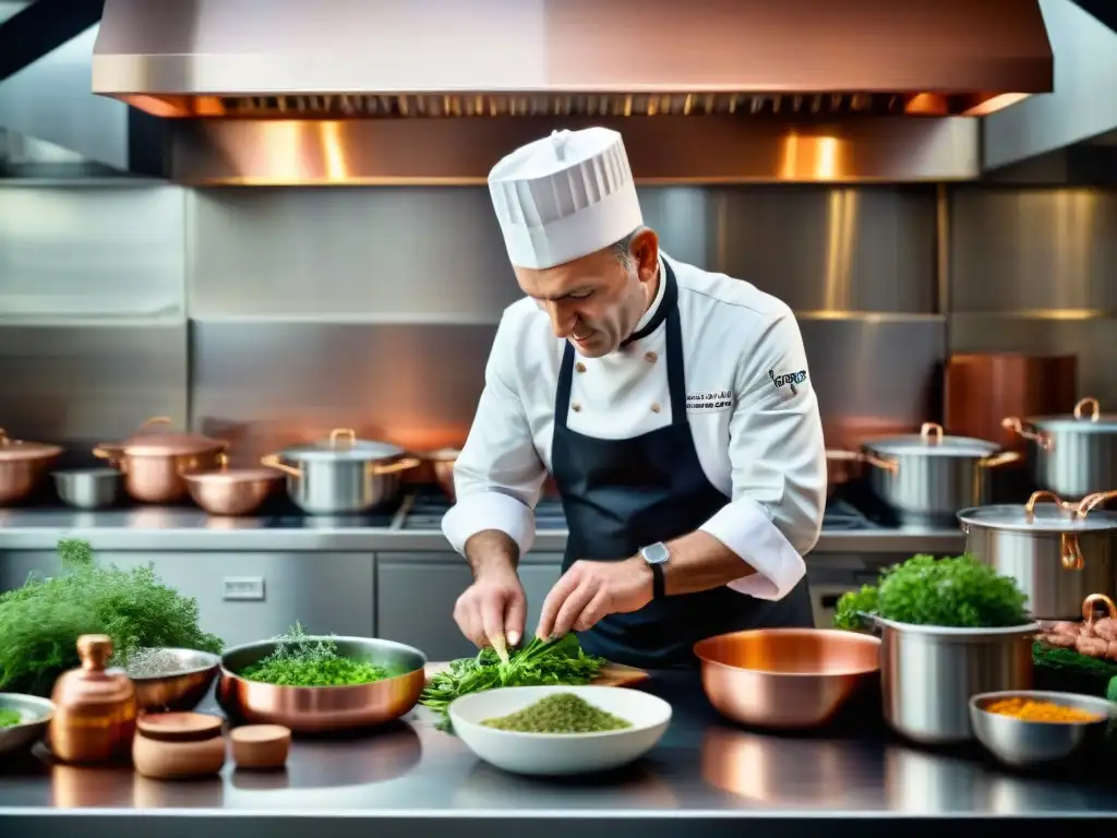 Las manos expertas de un chef francés creando platos exquisitos en una cocina profesional