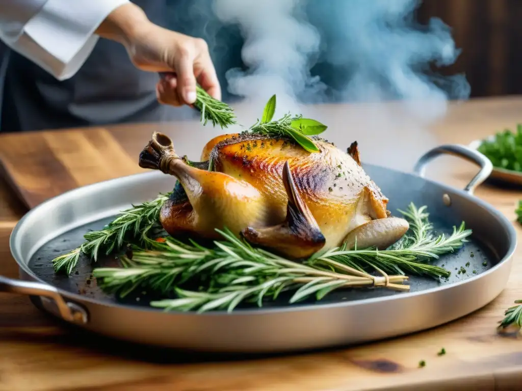 Chef creando magia culinaria con hierbas frescas francesas Las manos expertas del chef esparciendo hierbas francesas sobre un confit de pato dorado en una sartén humeante