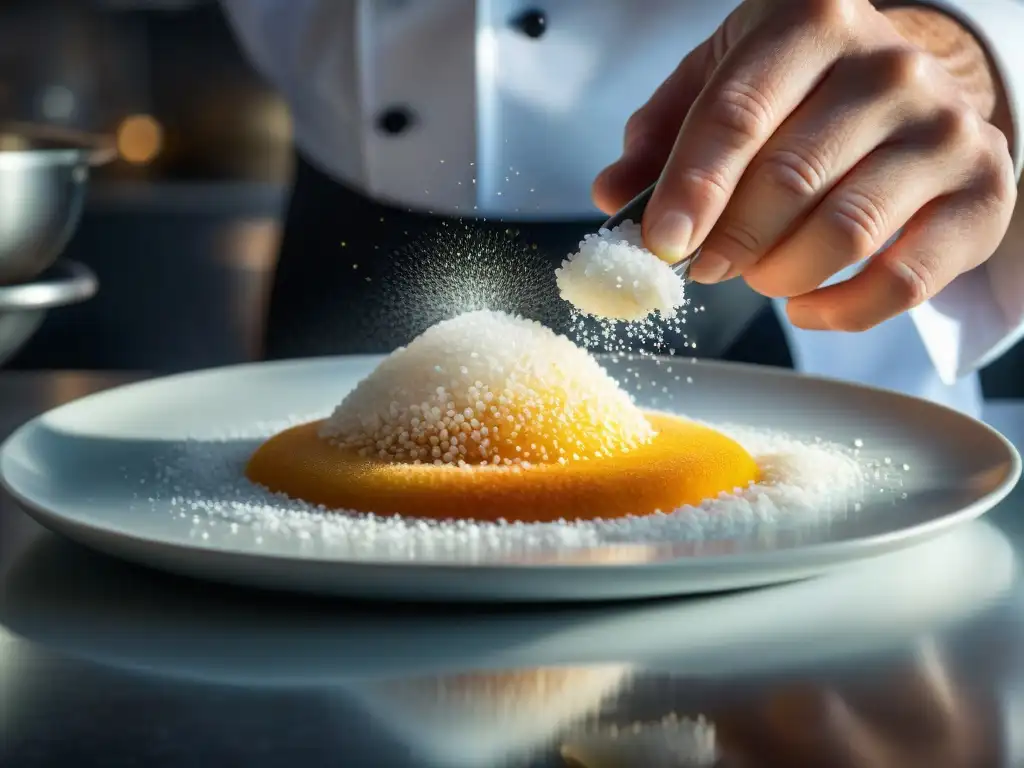 Las manos expertas de un chef esparciendo Sal de Guérande en un exquisito plato, resaltando su importancia en la gastronomía