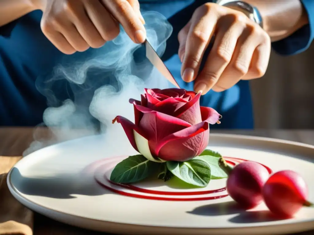 Manos expertas en cocina francesa tallando una rosa en un rábano rojo