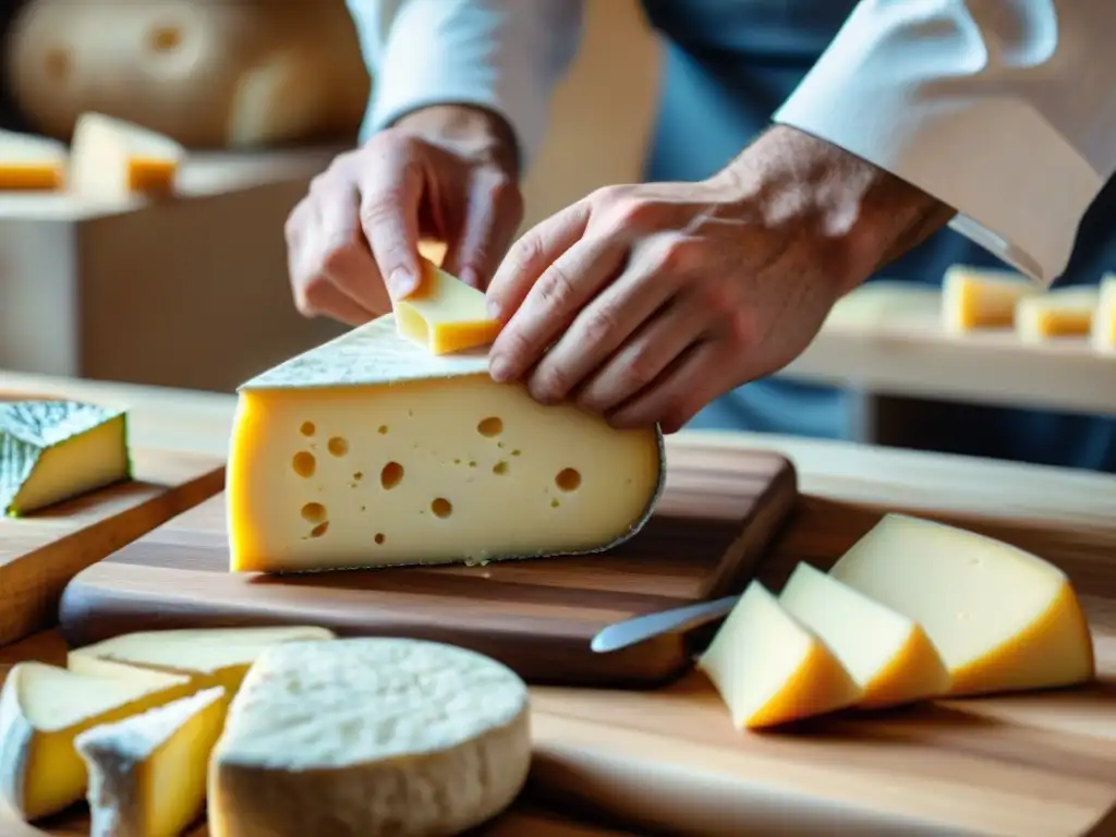 Manos expertas compitiendo en concursos de corte de queso, mostrando precisión y concentración en cada corte artesanal