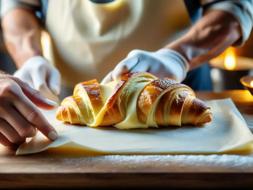 Unas manos expertas trabajan con precisión el croissant perfecto, mostrando técnicas avanzadas en la panadería