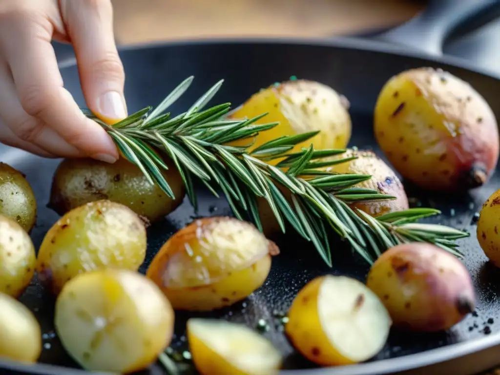 Manos expertas esparciendo romero fresco sobre papas doradas en Francia