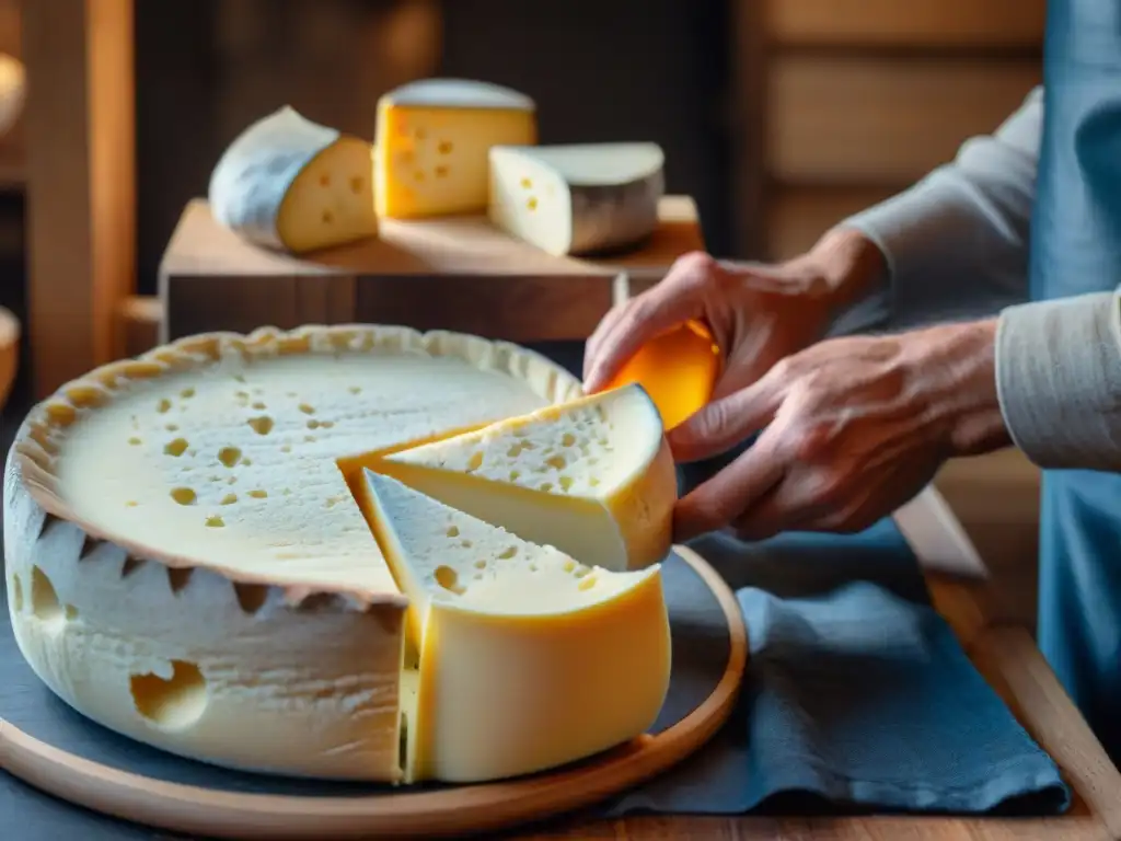 Manos expertas en la historia del queso Morbier, crean capas de ceniza entre cuajadas en un molde de madera