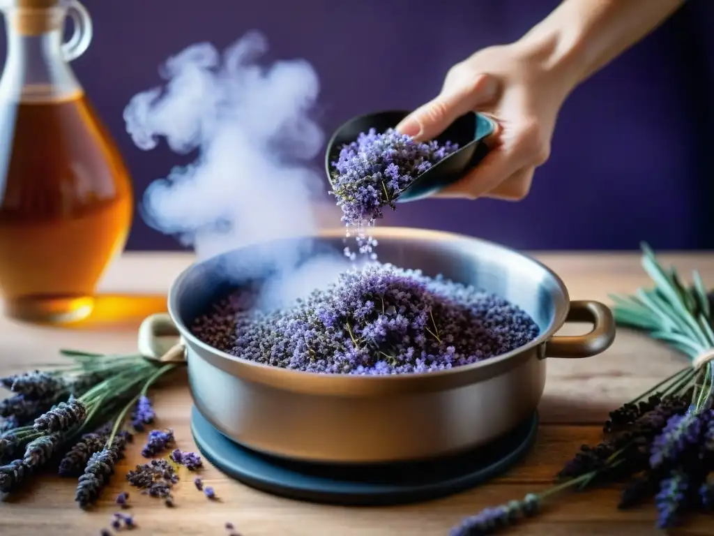 Manos expertas infusionando lavanda provenzal en dulce jarabe burbujeante