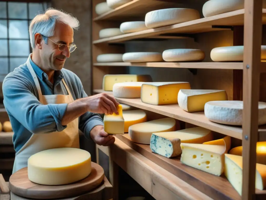 Las manos expertas de un maestro quesero creando queso francés en una fromagerie tradicional, en una escena de tradición y pasión