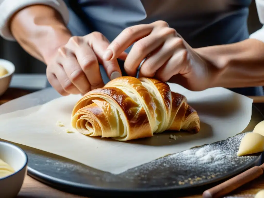 Manos expertas moldeando la masa de croissant, mostrando técnicas avanzadas para un croissant perfecto