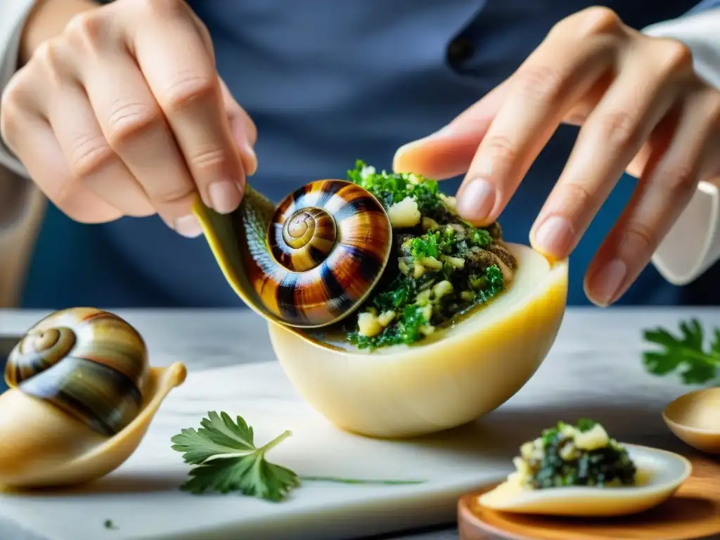 Arte culinario: relleno de caracol con ajo, perejil y mantequilla Manos expertas rellenan con precisión una concha de caracol con ajo, perejil y mantequilla para la receta tradicional escargots a Lorraine