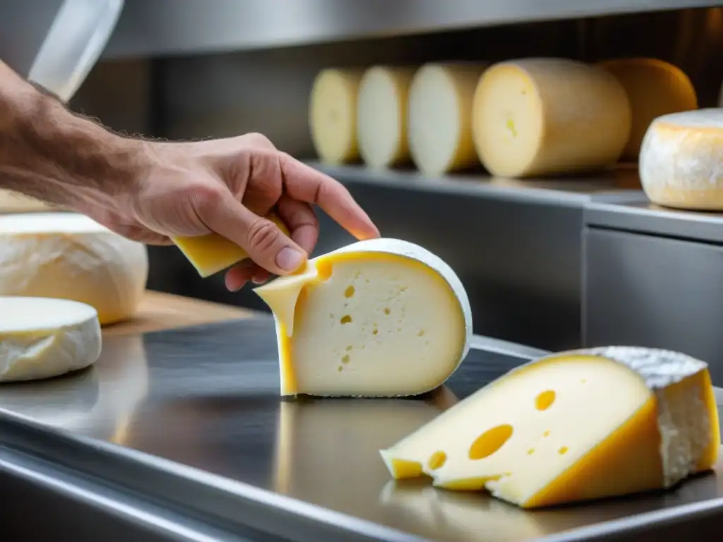 Manos expertas moldeando queso francés en moderna fábrica, fusionando historia y tecnología