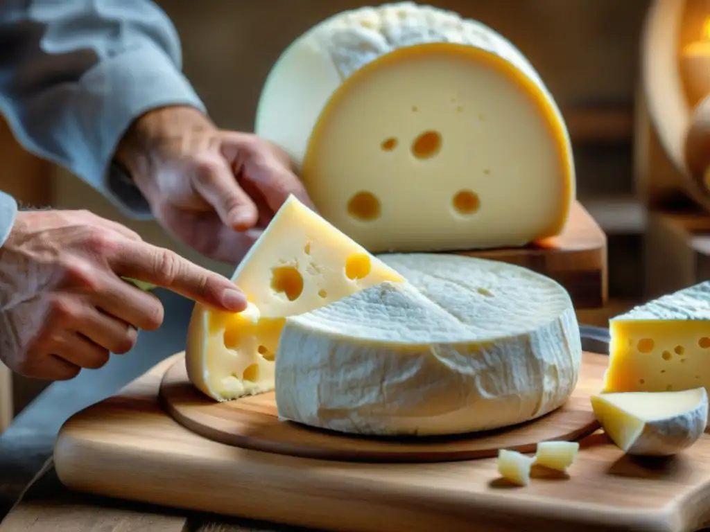 Manos expertas moldeando queso Picodon artesanal en una quesería francesa