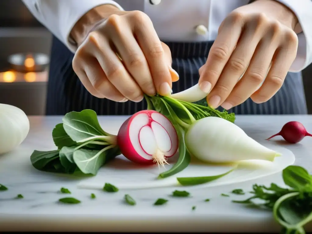 Manos expertas tallando un rábano con patrones florales, destacando el arte y precisión del tallado en cocina francesa