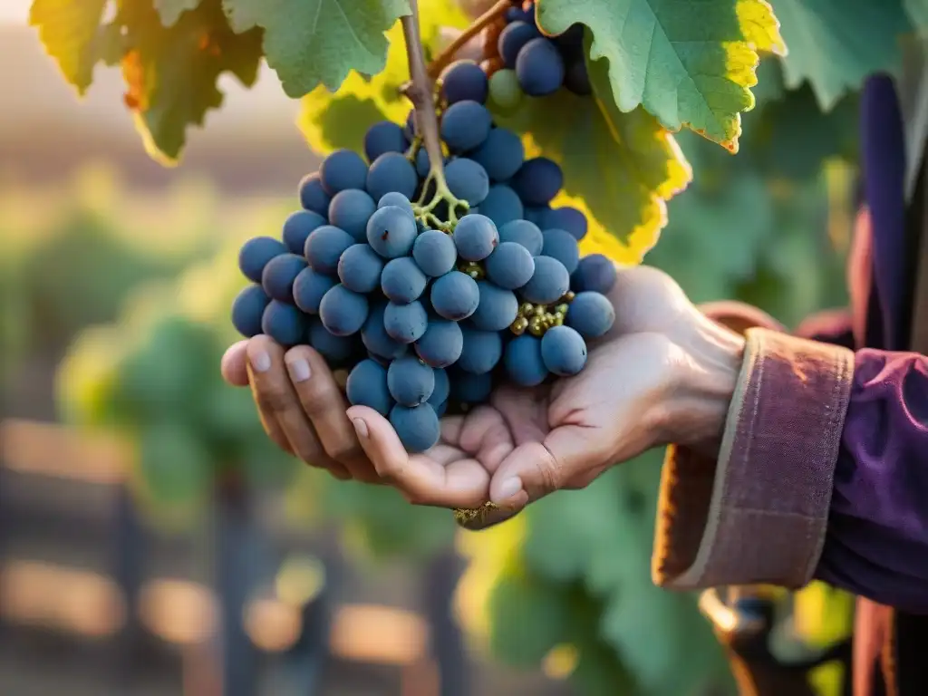 Manos expertas cuidan racimo de uvas moradas en viñedo francés al amanecer