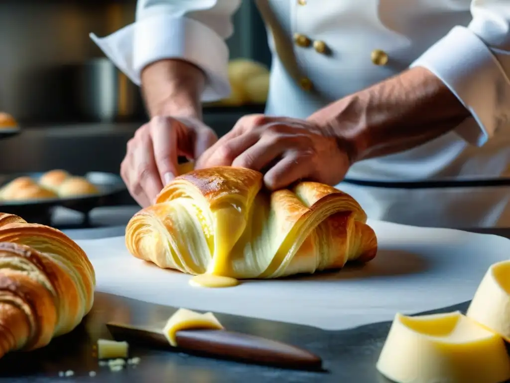 Manos expertas en fermentación en repostería francesa creando delicados croissants