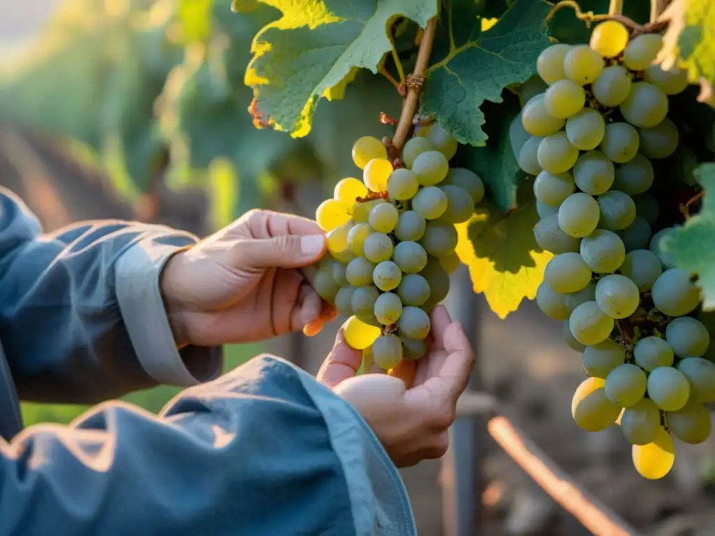 Manos expertas cosechan uvas Chardonnay en viñedo francés al amanecer, reflejando la autenticidad de la tradición vinícola