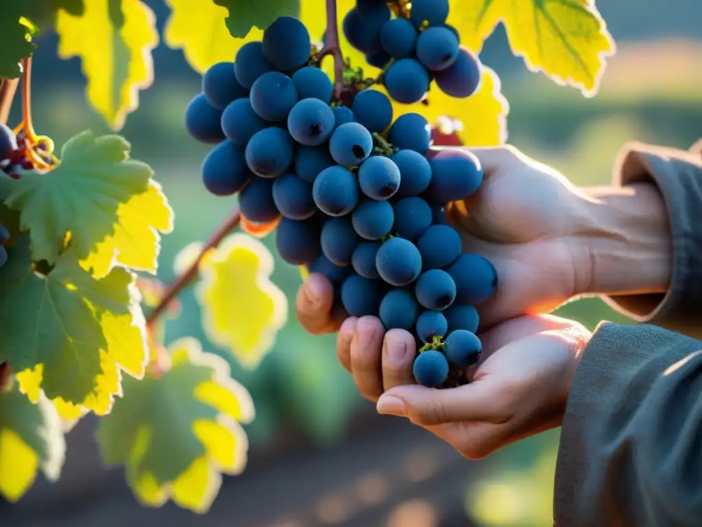 Manos expertas seleccionando uvas maduras al amanecer, reflejando la tradición de la industria del vino francés