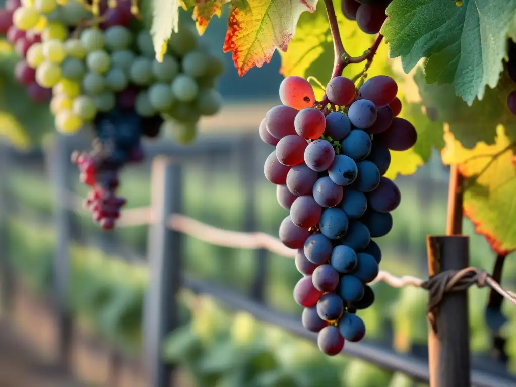 Manos expertas cuidan uvas rojas en viñedo francés al amanecer