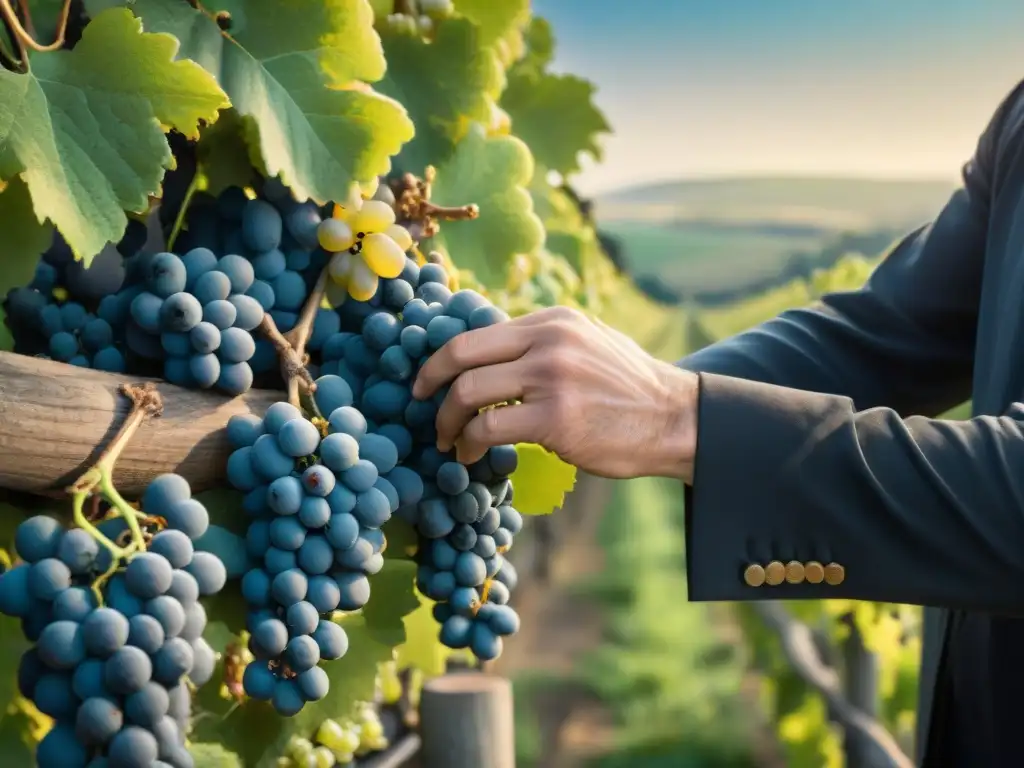 Manos expertas seleccionando uvas en viñedo de Champagne, Normativas producción Champagne influencia culinaria