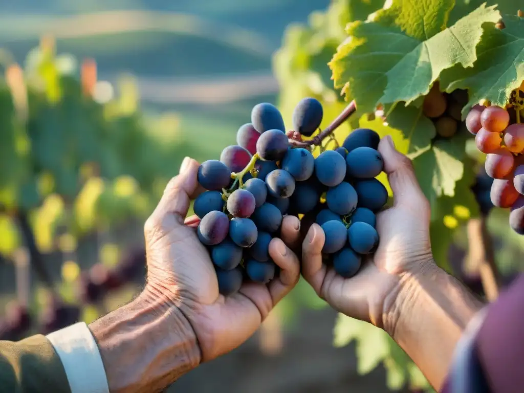 Manos expertas en la viña sostienen uvas moradas, reflejando la dedicación en la vinicultura de Languedoc-Rosellón