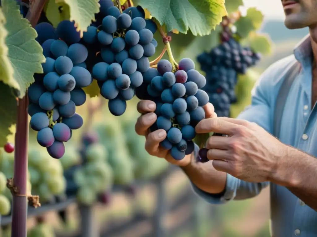 Manos expertas del viticultor francés examinando uvas moradas al amanecer