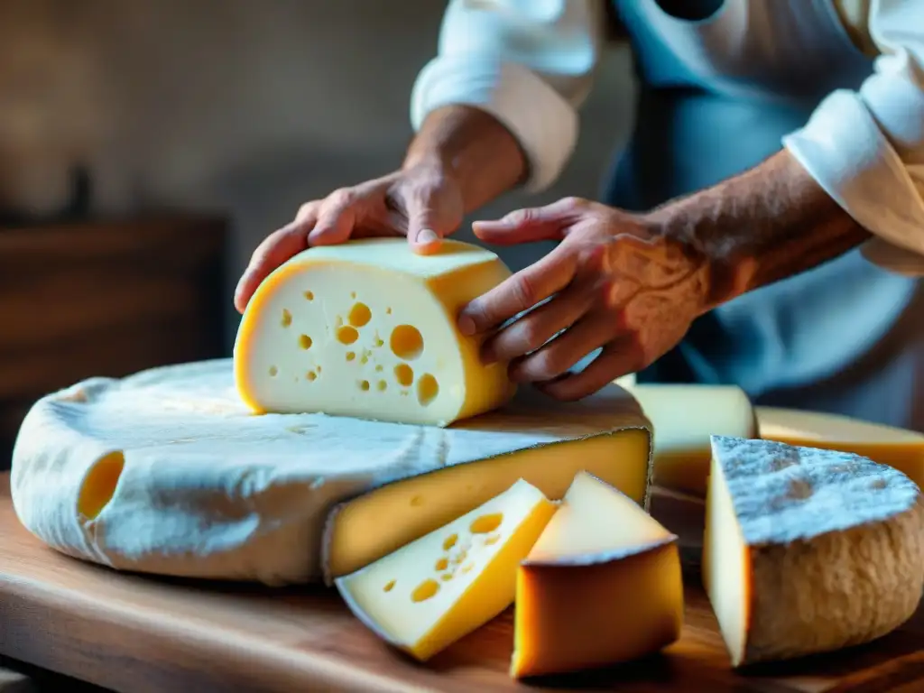 Las manos de un experto quesero francés creando queso con destreza en talleres de elaboración de queso francés