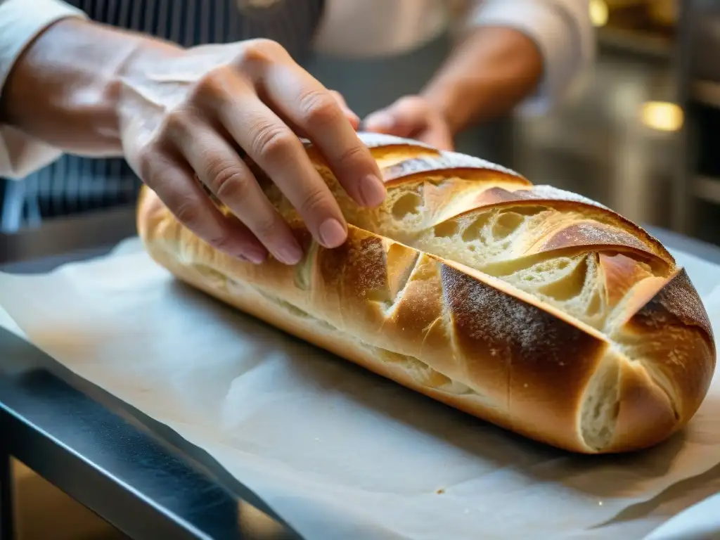 Las manos de un panadero tallando con arte una baguette, destacando el tallado artístico en pan francés