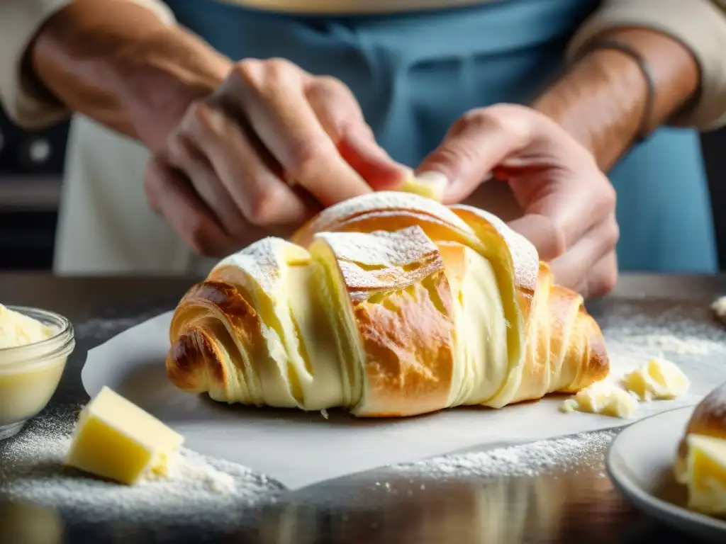 Manos de panadero experto creando croissant con técnicas avanzadas para un croissant perfecto